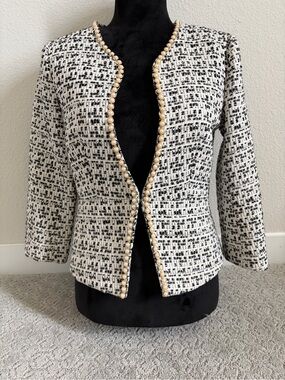 Women's Black & White Tweed Pearl-Trim Jacket Size M